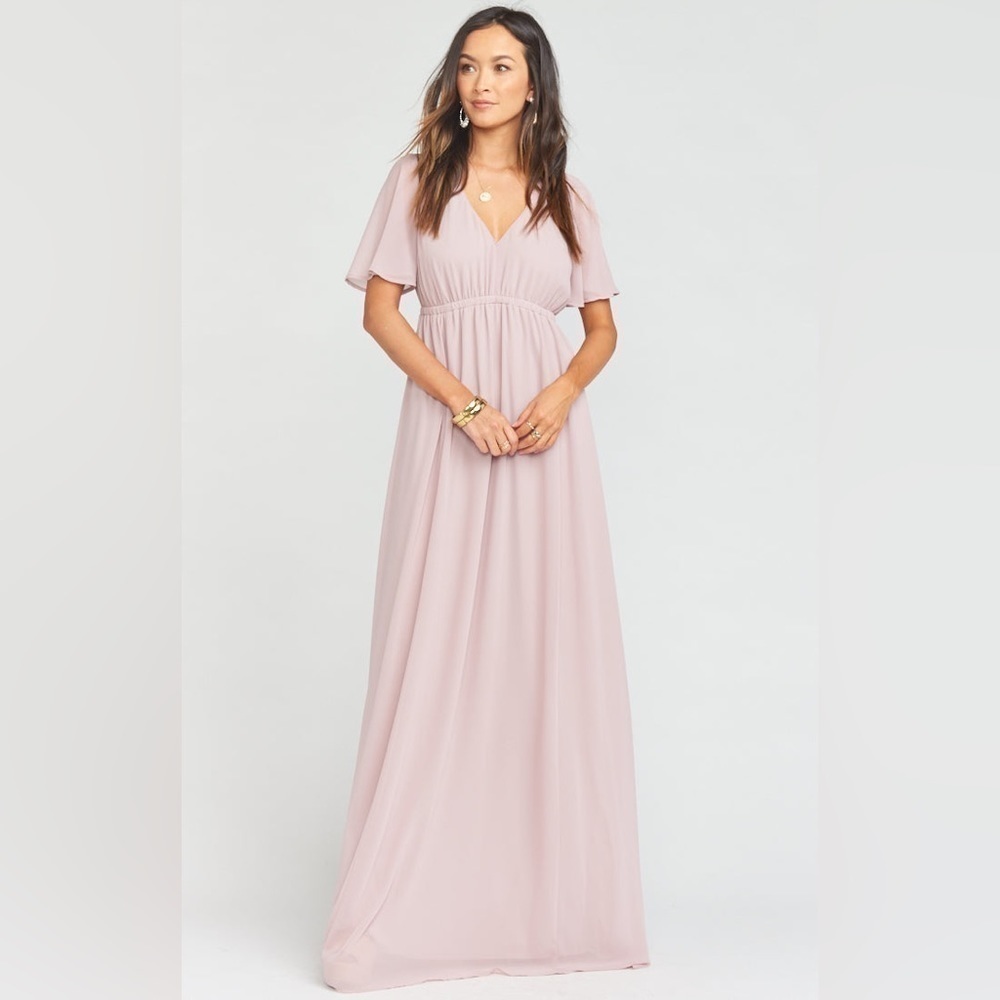 Show Me Your Mumu Bridesmaid Emily Empire Maxi Dress Neutral Mauve Chiffon sz S